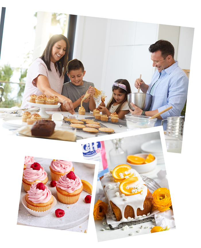 family of four baking cupcakes and cookies with c&h sugar