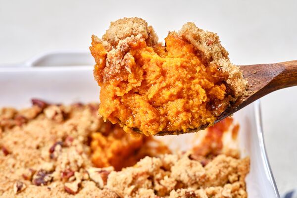 sweet potato casserole with c&h light brown sugar crumble topping